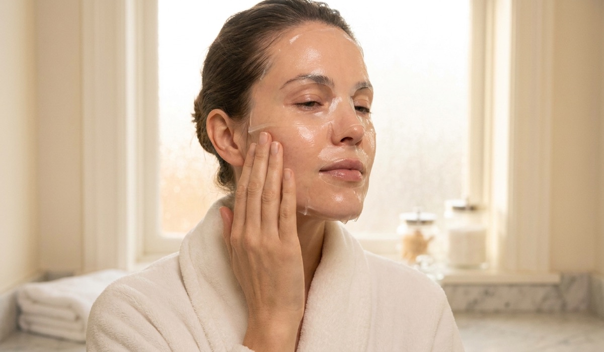 Woman applying a translucent bio-collagen sheet mask with glowing dewy skin