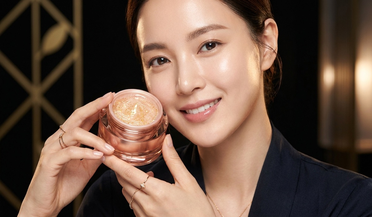 Radiant woman with luminous skin holding a pink jar of collagen jelly cream