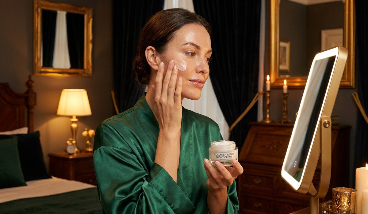 Woman in a silk robe applying collagen night mask before bed in warm lighting