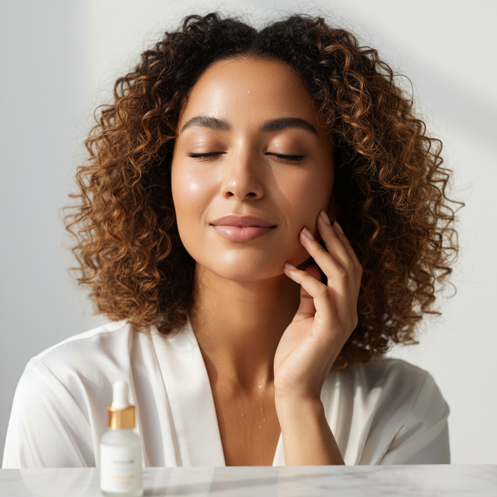 Woman with dewy glowing skin gently touching her face