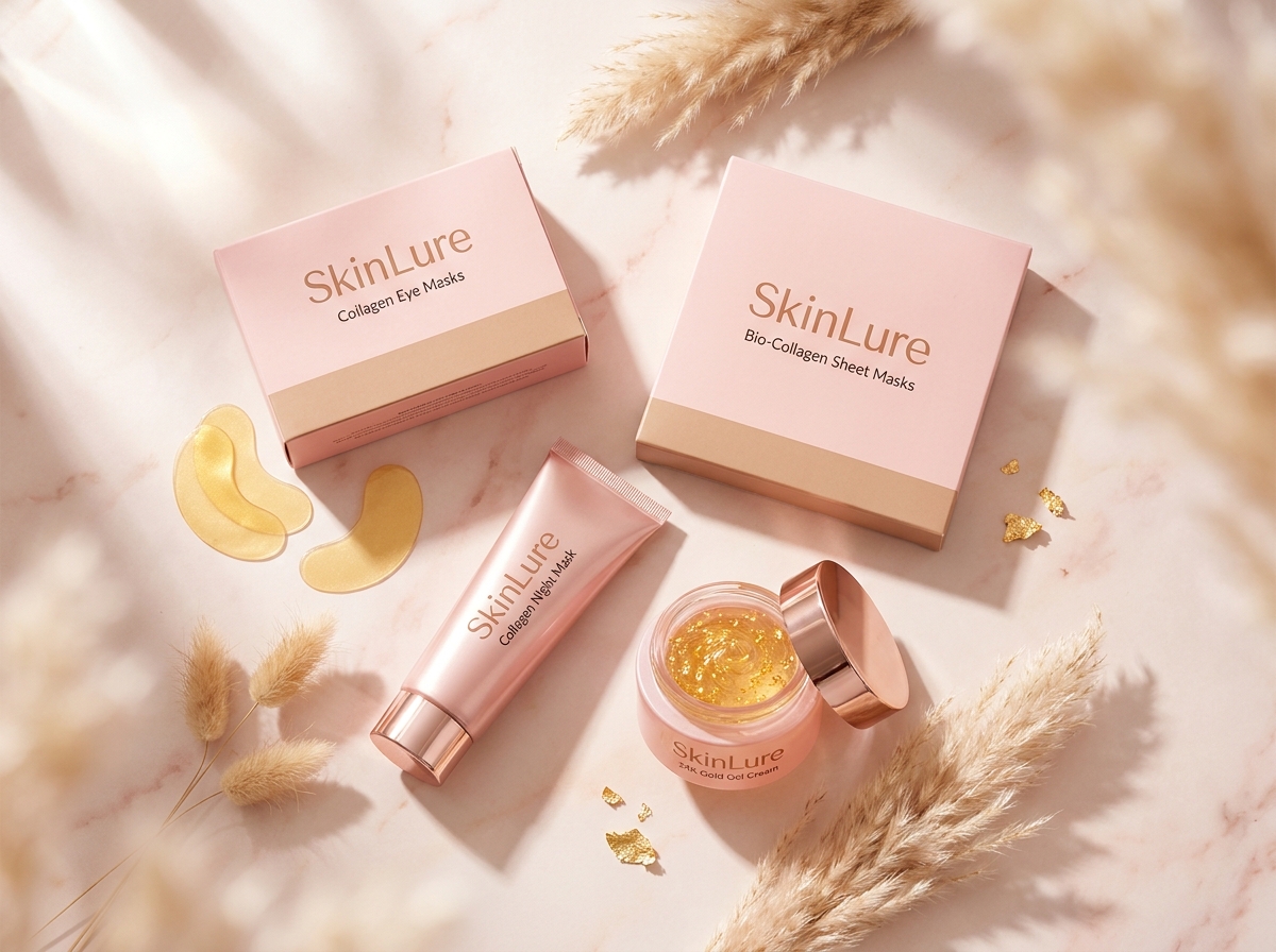The complete SkinLure routine — gold eye masks, bio-collagen sheet mask, night mask, and collagen jelly cream styled on a soft pink marble surface